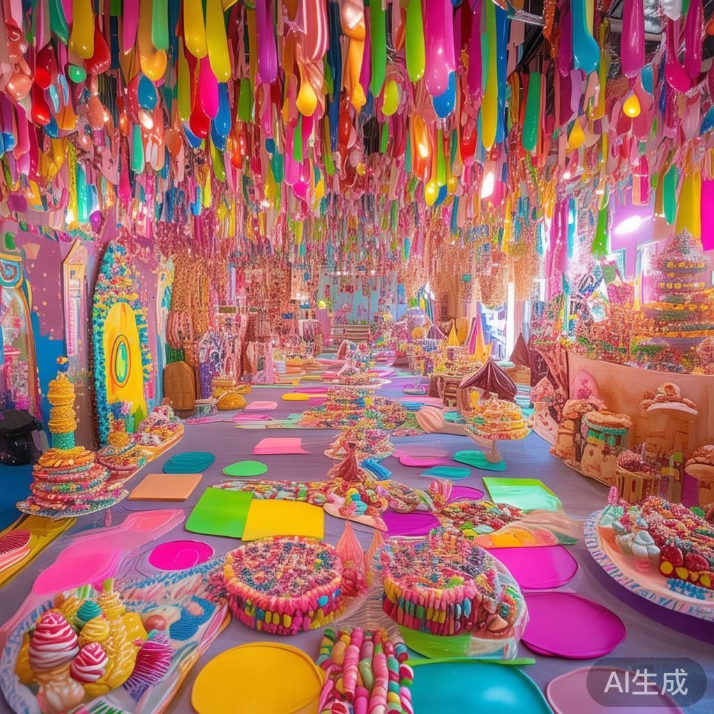 在这场糖果派对中，场地布置尤为重要。采用丰富的色彩
